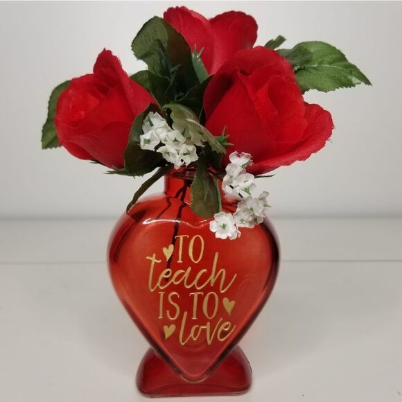 Heart‎ Shaped Red Glass Bud Vase To Teach Is To Love Teacher Valentine 5" - Picture 10 of 10